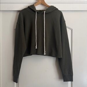 Wild Fable Cropped Olive Hoodie with White Drawstrings